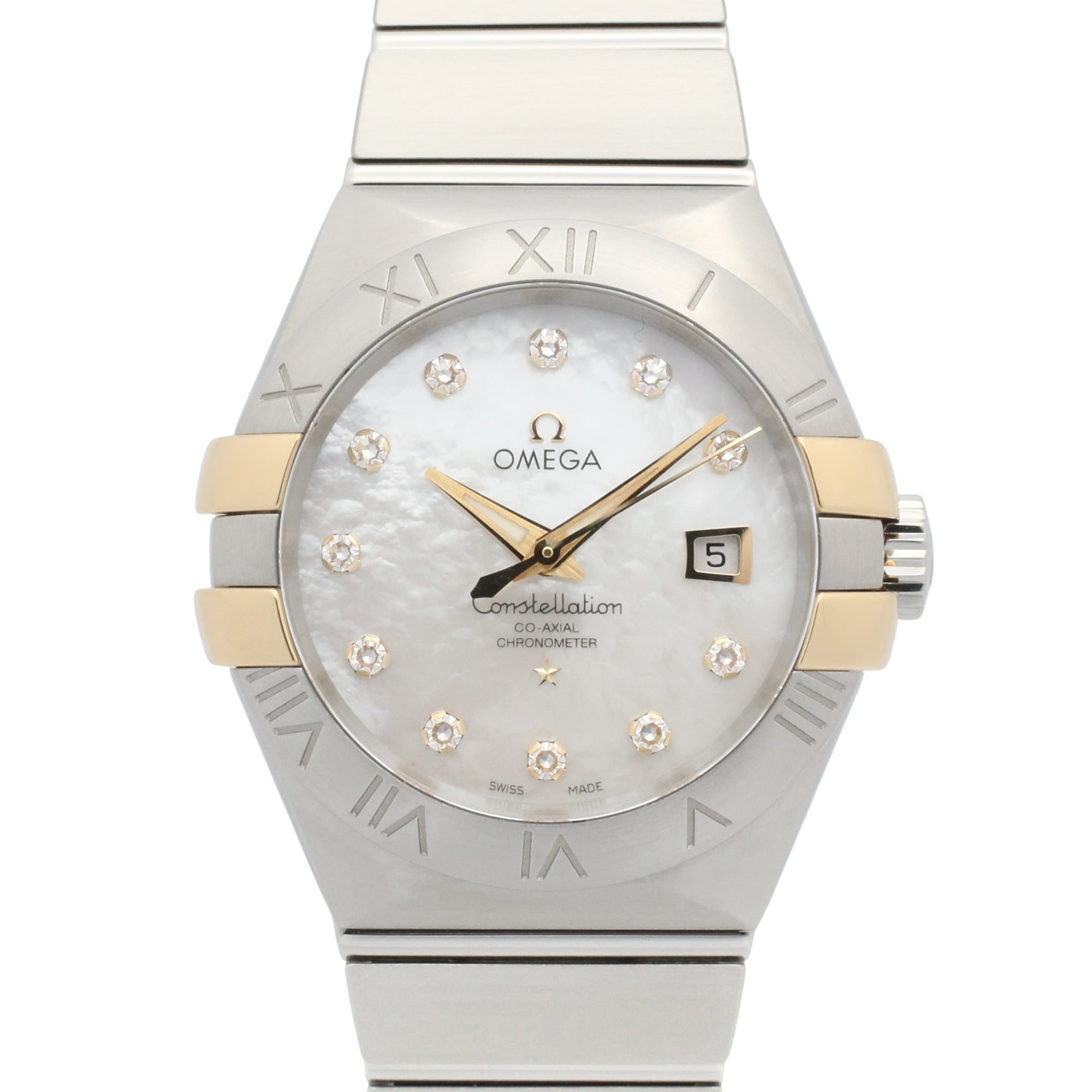 Omega Constellation watch, 18K yellow gold stainless steel, women\'s, white dial with mother-of-pear
