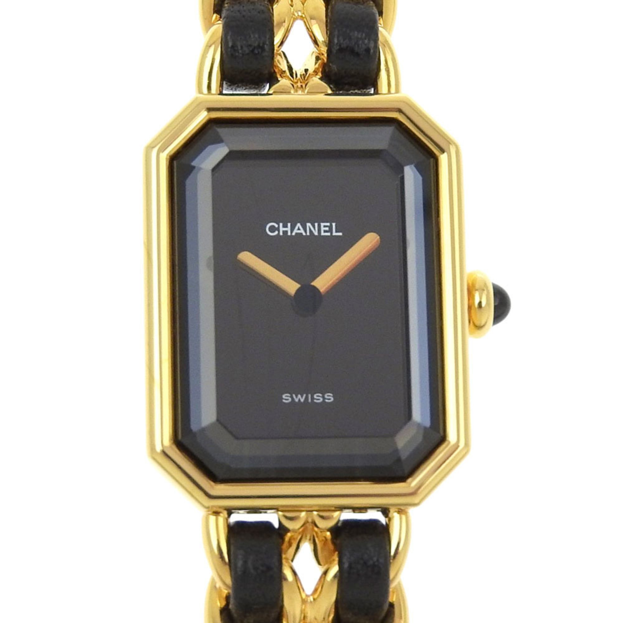 CHANEL Premiere S Watch H0001, Gold-Plated Leather Quartz Movement, Analog Display, Black Dial, Wome
