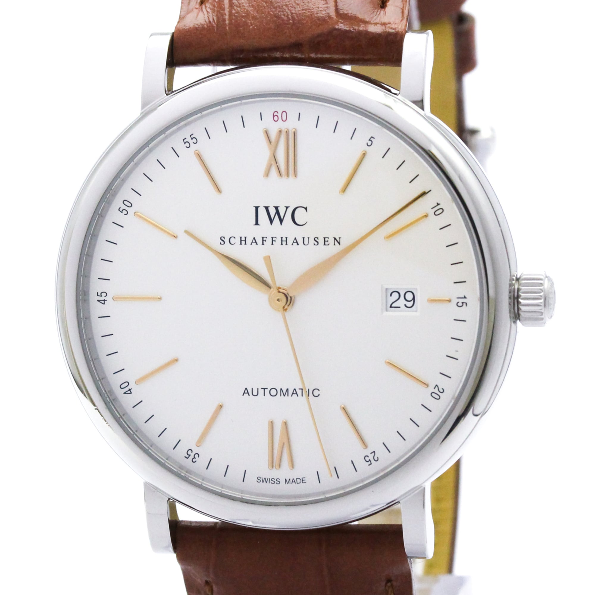 IWC Portofino Steel Leather Automatic Mens Watch IW356517 Polished