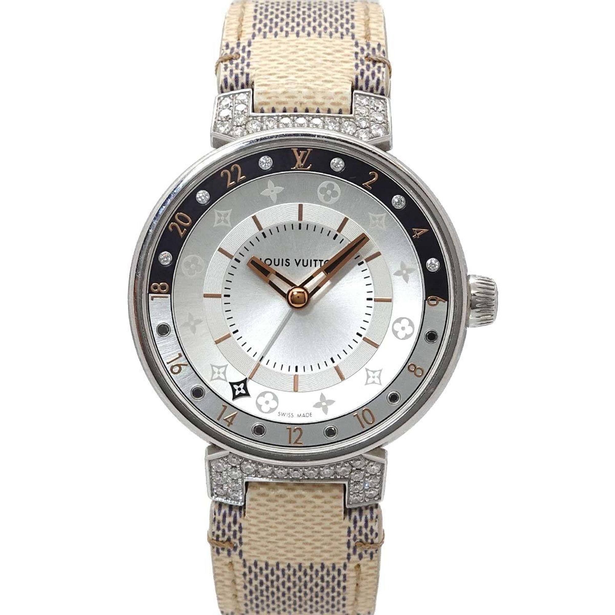 Louis Vuitton Tambour Moon Dual Time MM GMT QA108 Ladies\' Watch with 12 Diamond Lugs, Black Diamond