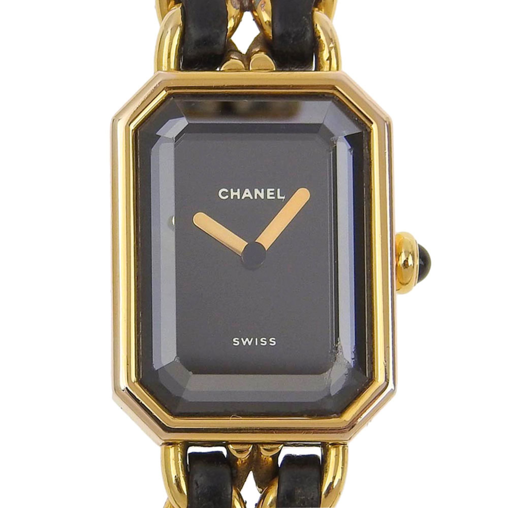 CHANEL Premiere L Watch H0001 Gold Plated x Leather Swiss Made Black Quartz Analog Display Dial Ladi