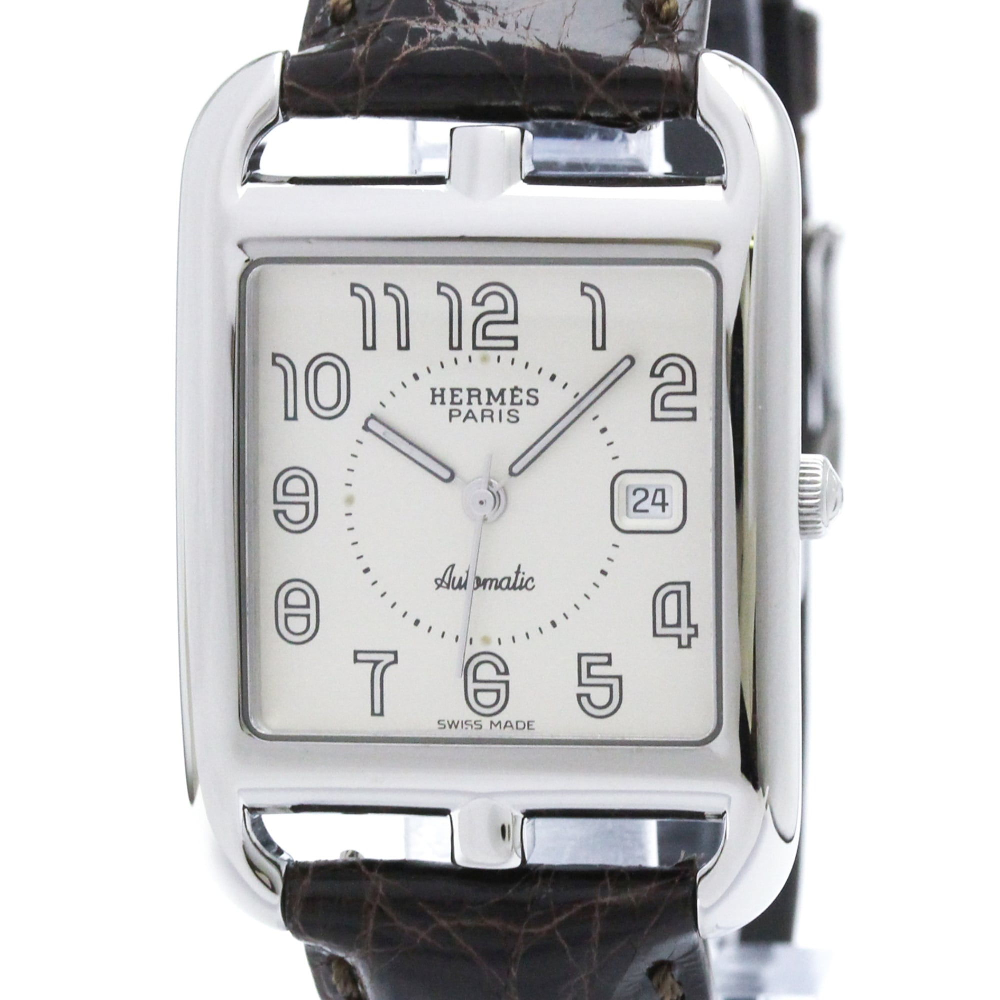 HERMES Cape Cod Steel Leather Automatic Mens Watch CC1.710 Polished