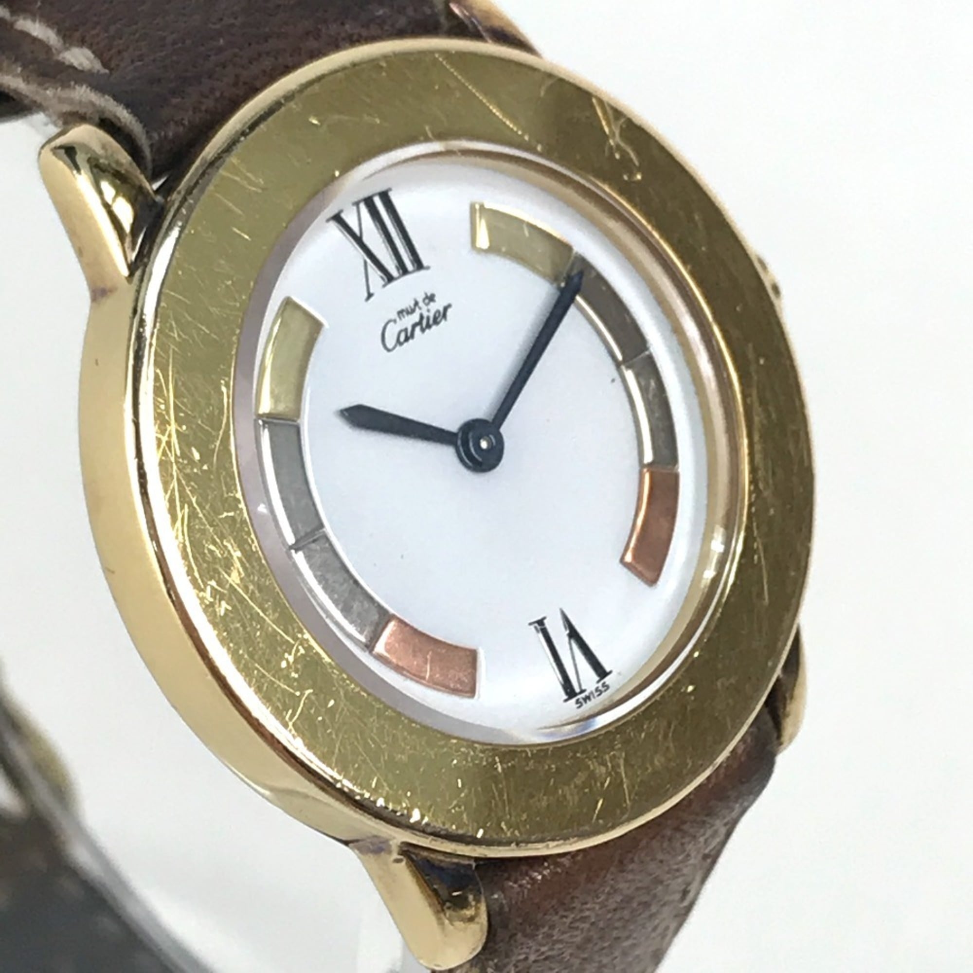 CARTIER 1801 Mastrond Vermeil Watch SV925 Leather Strap Women\'s Gold E-210908-30