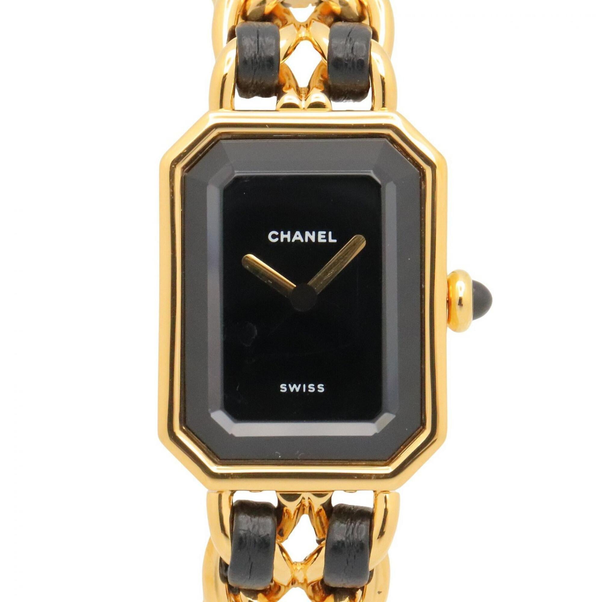 Chanel CHANEL Premire S Watch, Gold Plated (GP), Leather Strap, Women\'s, Black, H0001