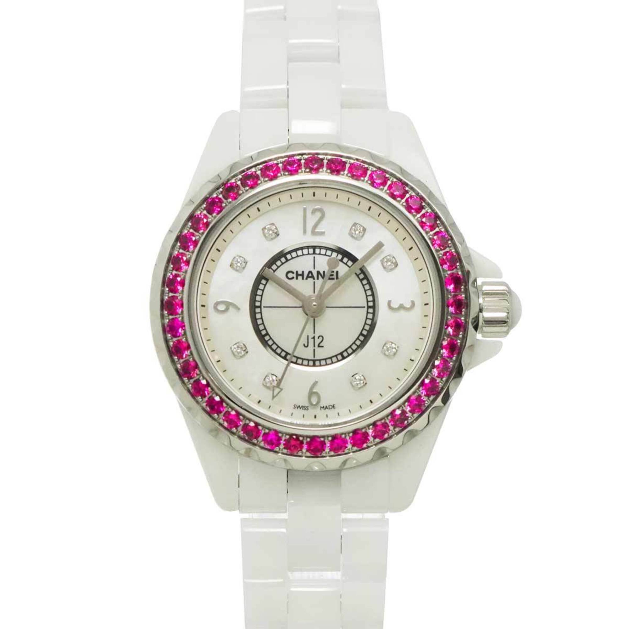 Chanel J12 29mm H3243 Women\'s Watch, Pink Sapphire Bezel, 8 Diamonds, White Shell Ceramic Quartz Wa