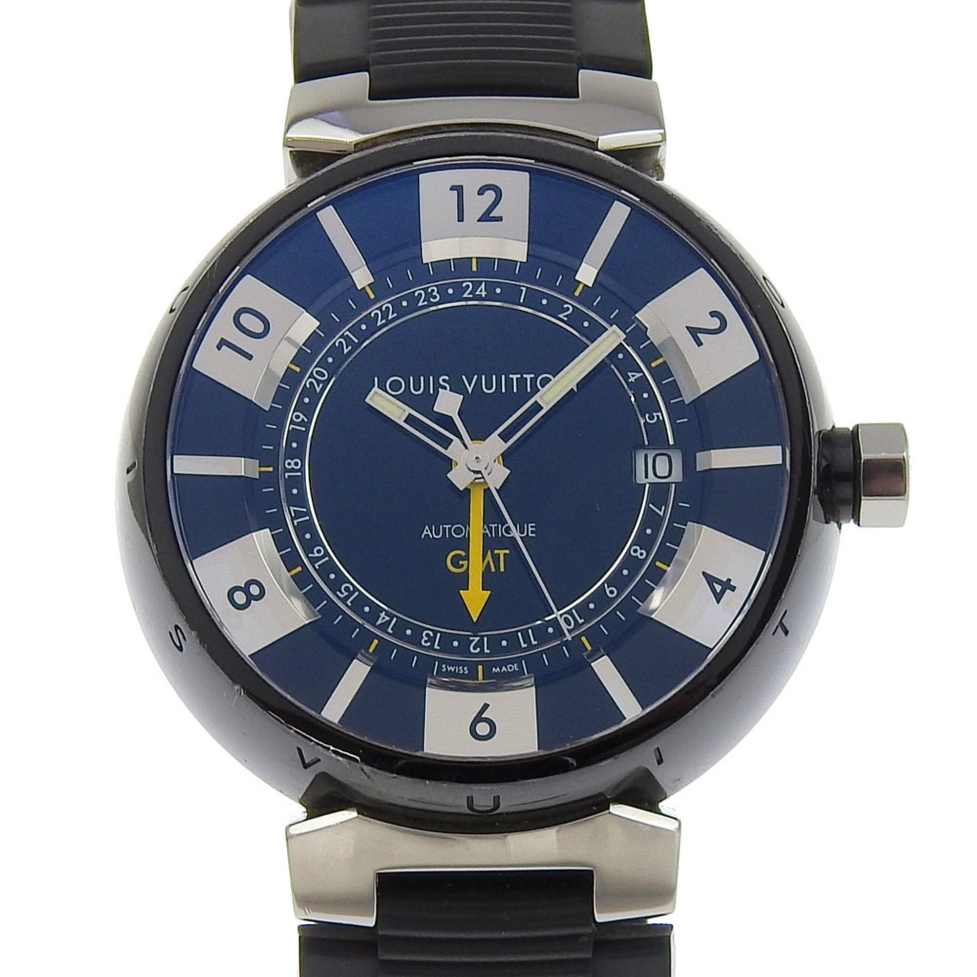 Louis Vuitton Tambour GMT Watch Q113K Stainless Steel x Rubber Automatic Black Dial Men\'s