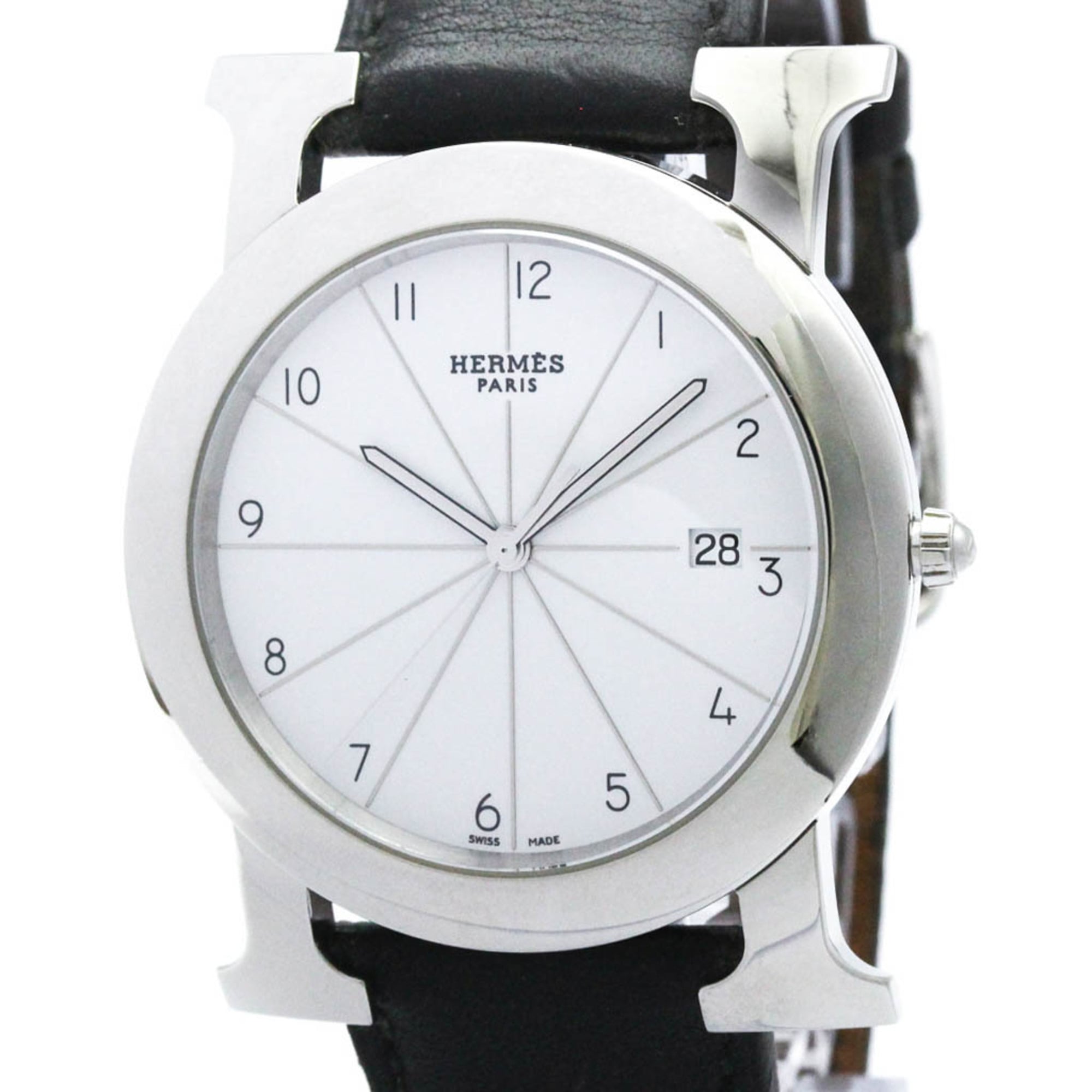 HERMES H Watch Rond Steel Leather Quartz Mens Watch HR1.710 Polished