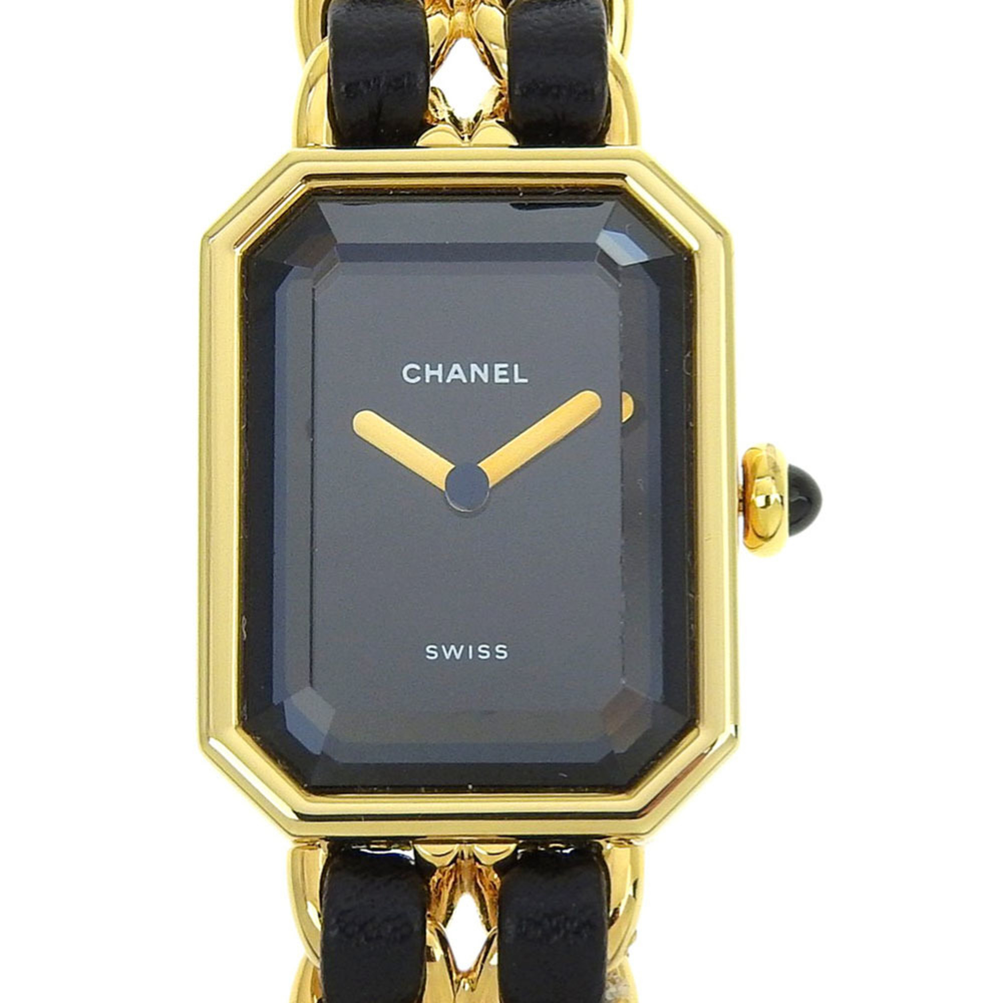 CHANEL Premiere S Watch H0001, Gold-Plated Leather Quartz Movement, Analog Display, Black Dial, Wome