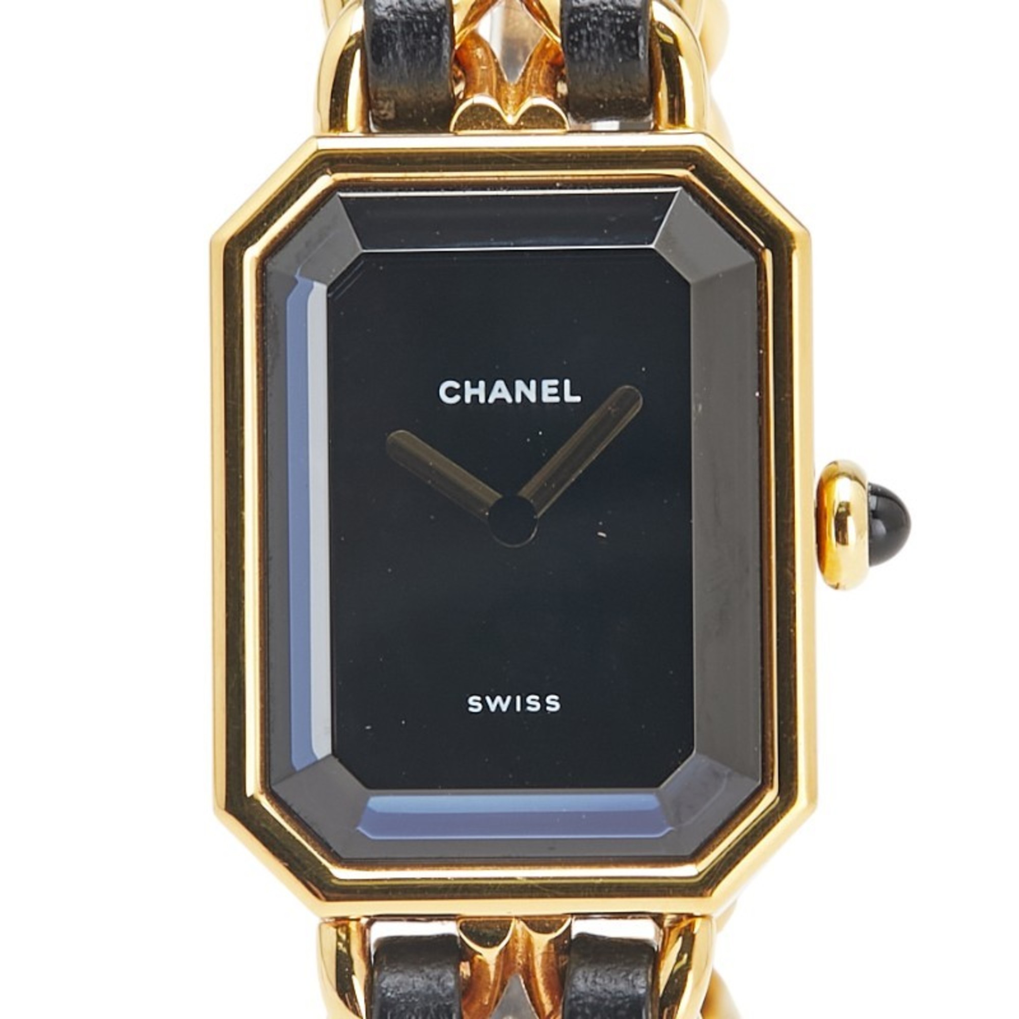 CHANEL Premiere M Quartz Watch with Black Dial and Plated Leather Strap for Women