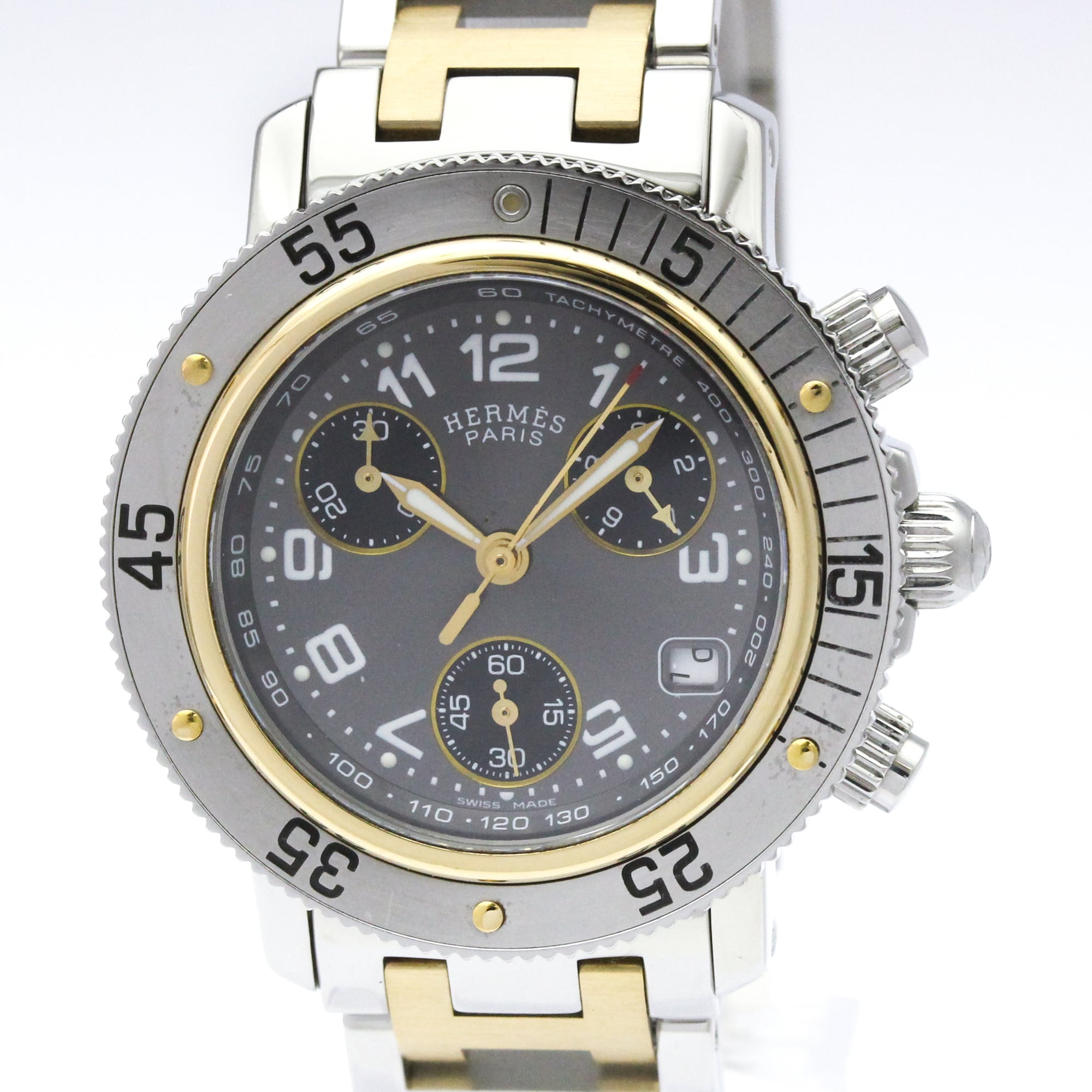 HERMES Clipper Diver Chronograph 18K Gold Steel Watch CL2.320 Polished