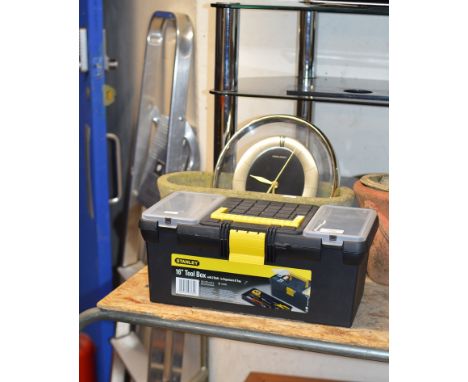 SET OF ALUMINIUM STEPS, TOOL BOX WITH TOOLS, ASSORTED PLANTERS, WALL CLOCK ETC     