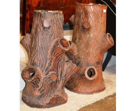 TWO LIFE SIZE LATE VICTORIAN/EARLY EDWARDIAN NATURALISTIC SALT GLAZED TREE TRUNK STRAWBERRY PLANTERS     