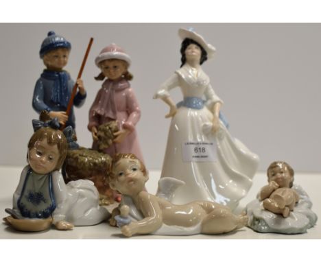 8" ROYAL DOULTON FIGURINE ORNAMENT "MARGARET" HN2397, 3 SMALL NAO FIGURINE ORNAMENTS &amp; A LEONARDO DOUBLE FIGURINE ORNAMEN