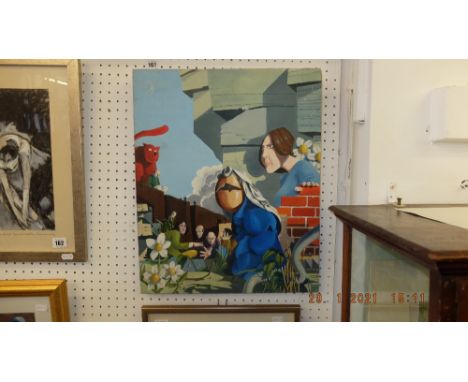 An abstract cartoon style oil on canvas dated 1975, signed R Levene