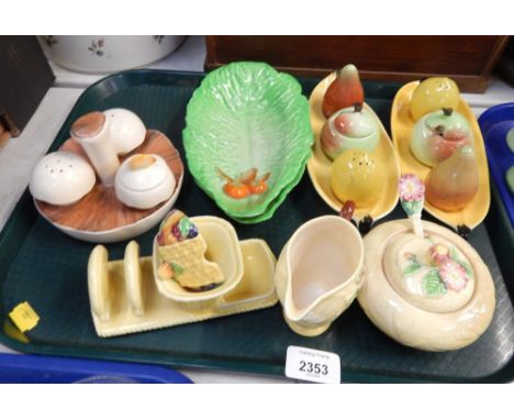 A group of Carltonware, comprising two leaf dishes, a mushroom cruet set, fruits cruet set, etc. (1 tray)