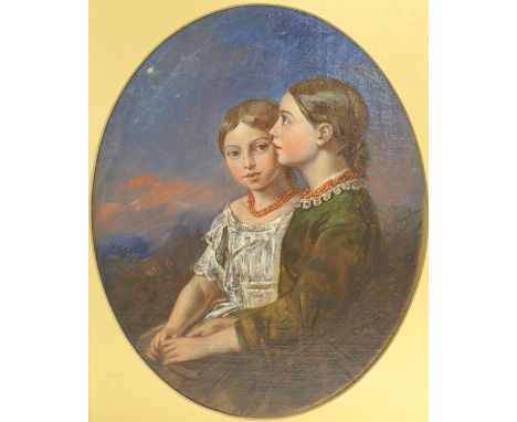 Victorian School, oil on canvas, Portrait of two sisters with night sky beyond, oval, 22 x 18cm
