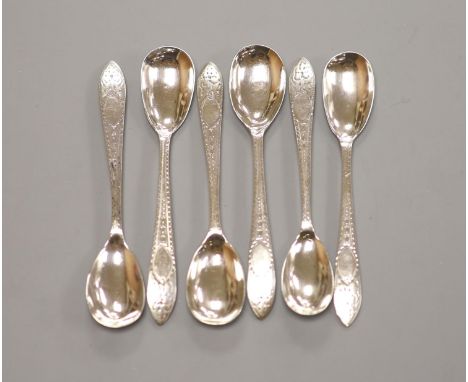 A set of six George III Irish bright cut engraved silver egg spoons, Richard Sawyer, Dublin, 1804, 12.9cm, 92 grams.