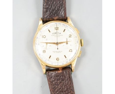 A gentleman's Swiss yellow metal Coresa manual wind chronograph wrist watch (back missing), case diameter 37mm, on associated