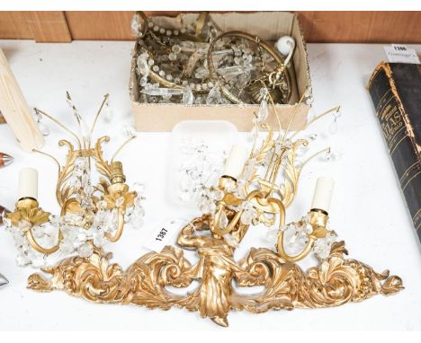 A pair of ormolu and cut glass twin branch wall lights, a bag light and a brass mount