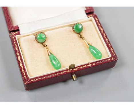 A pair of 20th century 14k and cabochon jade set drop earrings, 30mm, gross weight 3.1 grams.
