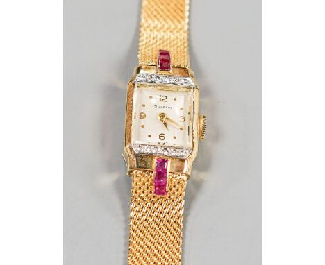 A lady's 18ct gold, ruby and diamond set Gubelin manual wind cocktail watch,on an 18ct gold bracelet, overall length 17.2cm, 