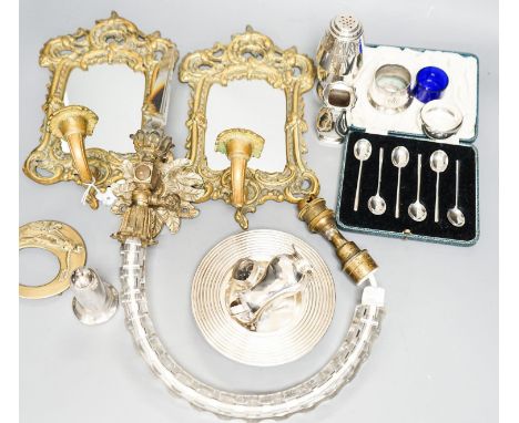 A pair of silver cruets and boxed spoons, various plate and a pair of wall mirrors and a glass wall light