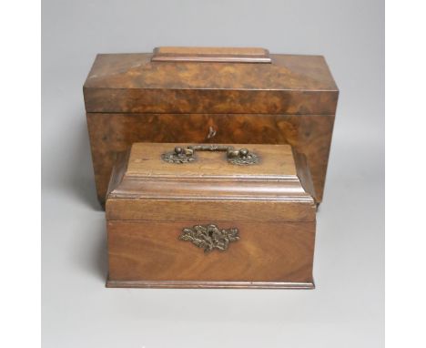 A Victorian burr walnut veneered tea caddy, H 21cm, 31 x 16cm, together with a George III mahogany tea caddy (2)