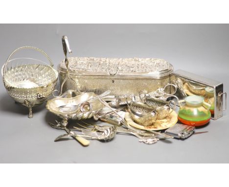 A collection of silver plate to include an enamelled box, candle snuffers, cutlery, box etc