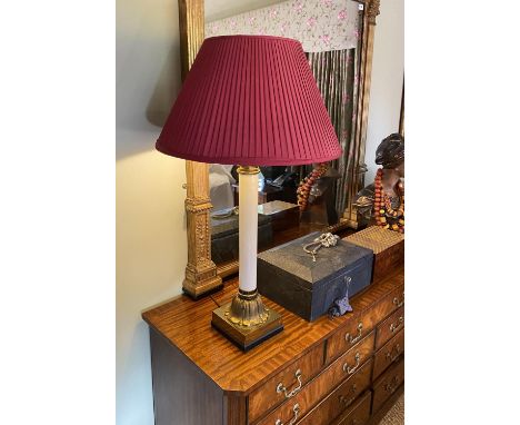 A Victorian ormolu mounted white glass table lamp, height to fitting 58cm