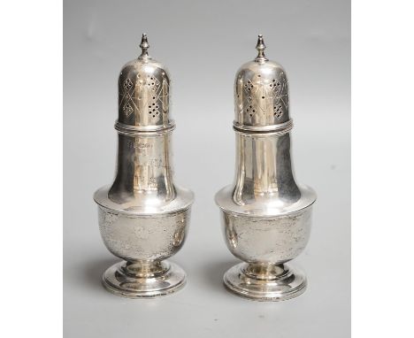A pair of George VI silver sugar casters, William Batt &amp; Sons, Sheffield, 1937, 17.7cm, 9oz.