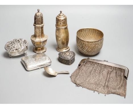 Small silver including a Victorian sugar bowl(split), two sugar casters, a pot pourri box(a.f.), cigarette case, caddy spoon 