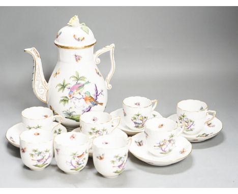 A Herend Rothschild birds pattern coffee pot and cover and eight coffee cups and five saucers