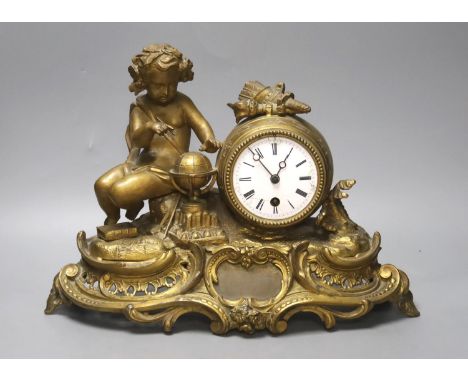 French gilt spelter figural mantle clock, 27cm pendulum, no key