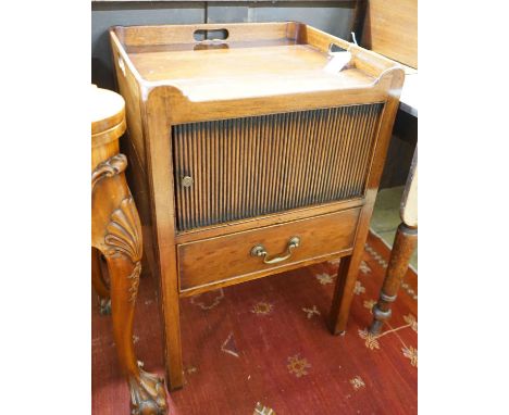 A George III mahogany tray top commode with tambour compartment, width 50cm, depth 46cm, height 77cm