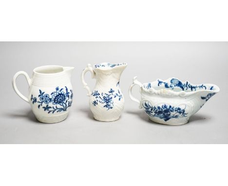 A Worcester blue and white sauceboat, sparrow beak milk jug and a Mansfield pattern milk jug, tallest 9 cm