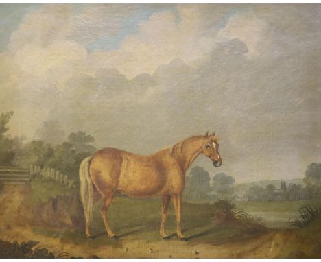 Capt. Johnson (C.19th), oil on canvas, Portrait of a horse standing in a landscape, signed and dated 1822, 34 x 43cm