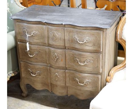 A Louis XV style painted serpentine commode, length 90cm, depth 43cm, height 84cm