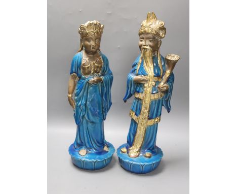 Ugo Urbano Zaccagnini, Florence, Italy, a pair of gilded turquoise glazed ceramic Oriental figures, circa 1950's, signed to b