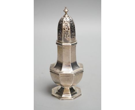 A George V silver octagonal sugar caster, Birmingham, 1910, 15.4cm, 93 grams.
