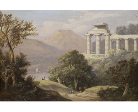 R. Watson (19th C.), oil on wooden panel, Shepherd in a Greek landscape, signed, 24 x 34cm