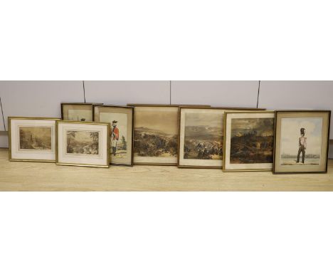 Two Old Master pen and ink drawings, 14 x 19cm approx. and a group of six assorted military prints