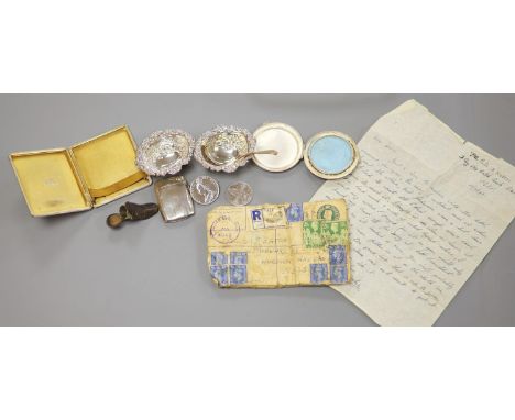 A silver cigarette case, Georgian silver caddy spoon, London, 1817, a pair of silver salts, etc.