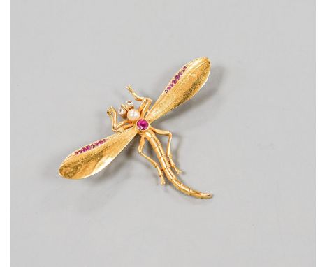 A yellow metal, ruby diamond and cultured pearl set dragonfly brooch, diameter 52mm, gross weight 8 grams.