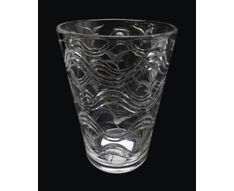 Stuart clear crystal vase designed by H. R. Pierce circa 1934, tapered form, decorated with bands of stylised waves and seagu