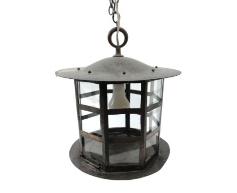 Arts &amp; Crafts oxidised copper hall lantern, octagonal cage work shade with copper rivets and clear glass panels (lacking 