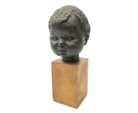 20th century bronze head of a child on wooden base, indistinctly signed in pencil, H33cm overall  Condition Report Click here