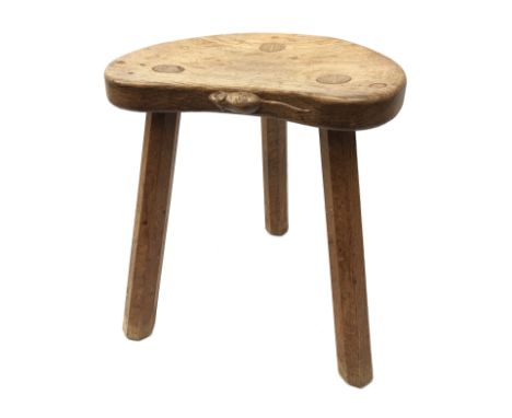 'Mouseman' oak three legged stool, dished adzed seat by Robert Thompson of Kilburn, H35cm x W31cm  Condition Report Click her