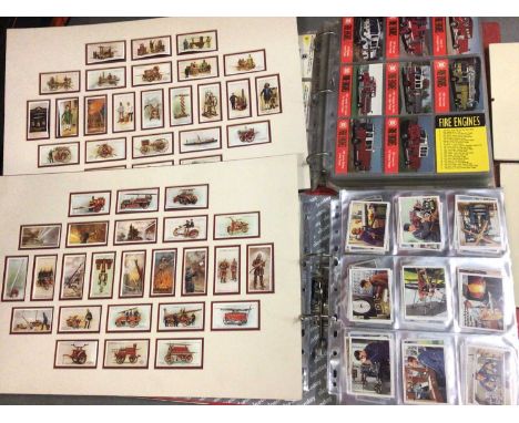 Collection of mainly fire engine related trading cards within two folders, together with fire engine cigarette cards in mount