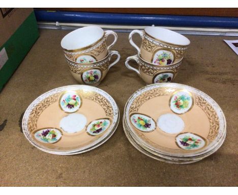 19th century English porcelain cups and saucers painted with fruitCrazing, gilt and enamel wear, hairlines and cracks. One cu