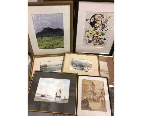 Group of watercolour landscapes, seascapes etc and a print